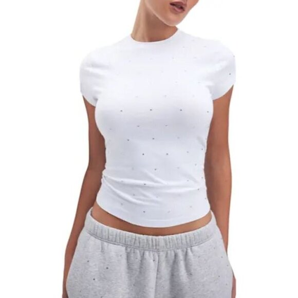GOOD AMERICAN Crystal Baby T-Shirt in White001 Size X-Small - Picture 1 of 12